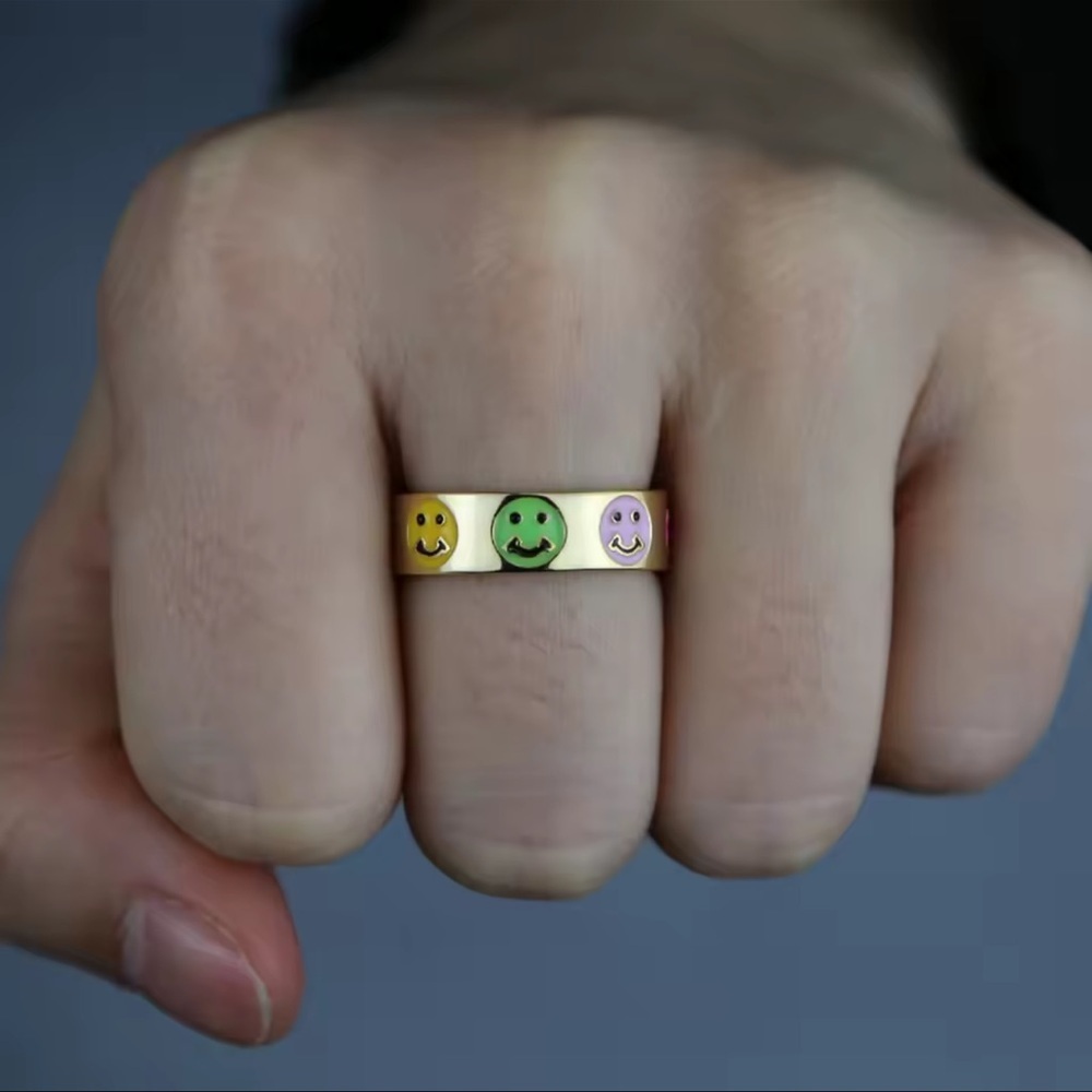No Bad Days Gold Plated Smile Ring with Colorful Smiley Faces Gift size 6